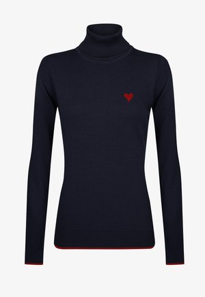 Suéter de cuello vuelto en color navy, hecho de un material de punto suave. Presenta un pequeño bordado de un corazón rojo en el pecho y un dobladillo rojo en contraste.