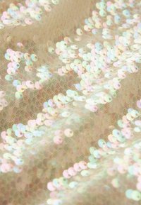 Iridescerende pailletstof med en lys beige netbund. Har små, runde pailletter, der reflekterer regnbuefarver og skaber et struktureret udseende.