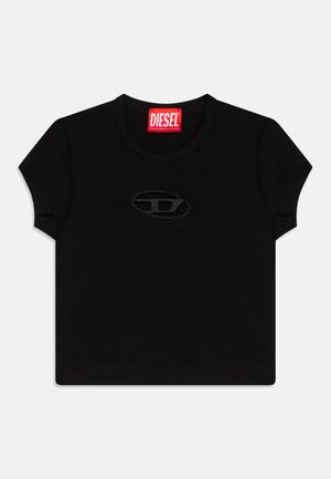 Camiseta de algodón negra con mangas cortas, que presenta un sutil logo tonal de Diesel en el frente. Cuello redondeado y dobladillo recto.