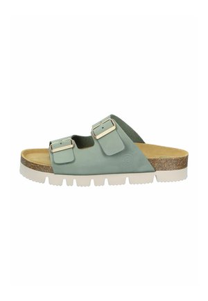 Green open-toe sandal with two adjustable buckled straps, cork footbed, and white textured rubber sole.