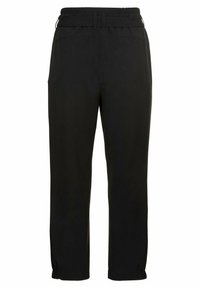 Černé kalhoty rovného střihu s elastickým páskem a poutky na opasek, navržené s mírně volnějším střihem a délkou do kotníků.