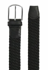 Musta letsitaskuvyö, joka on valmistettu joustavasta materiaalista, jossa on sileä nahkakiinnike ja kiillotettu hopea metallisolki.