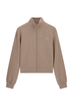 Taupe kurtka zapinana na zamek z kołnierzem typu stójka, długimi rękawami, ściągaczami na mankietach i dole oraz małym trójkątnym logo na lewej piersi.