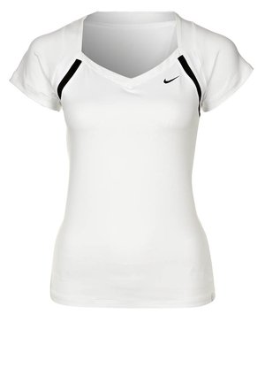White short-sleeve athletic shirt with V-neck, black Nike swoosh on chest, and black accents near the shoulders.