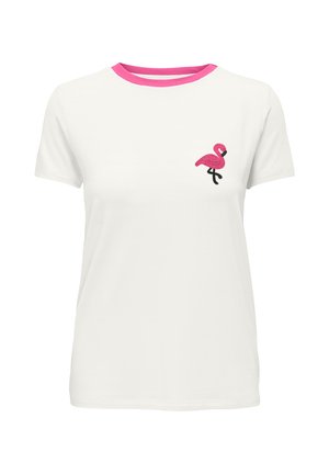 T-shirt bianca a maniche corte con colletto rosa e piccolo fenicottero rosa ricamato sul petto sinistro.