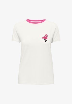 T-shirt bianca a maniche corte con colletto rosa e piccolo fenicottero rosa ricamato sul petto sinistro.