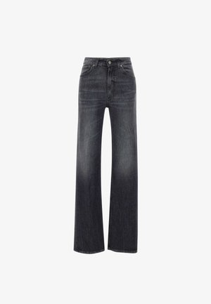Dunkelgraue Jeans mit weitem Bein, vorderer Knopf- und Reißverschluss, Gürtelschlaufen und dezenten Verwaschungseffekten.
