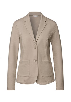 Blazer beige à la coupe ajustée, avec deux poches à l'avant et deux boutons. Fabriqué en tissu doux et extensible avec une texture lisse.