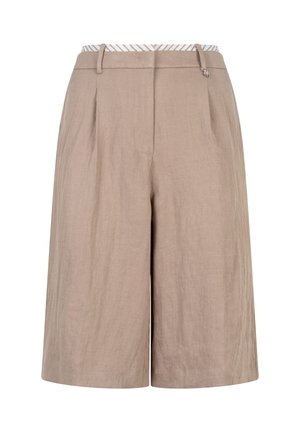 Beige linnen culottes met een geplooide voorkant, wijde pijpen en een gestreepte taillebanddetail. Voorzien van een enkele decoratieve knoop aan de voorkant.