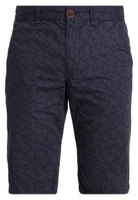 Pantaloni corti da uomo di colore blu scuro con un delicato motivo geometrico a triangoli, chiusura con bottone, passanti per cintura e tasche laterali.