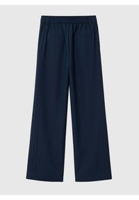 Pantalons larges couleur marine avec une taille élastique, dotés d'une texture de tissu lisse et de plis latéraux subtils pour une touche de détail.