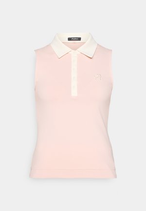 Polo senza maniche di un tenue rosa pallido con colletto bianco, apertura con cinque bottoni e delicato logo ricamato sul lato sinistro. Texture liscia.