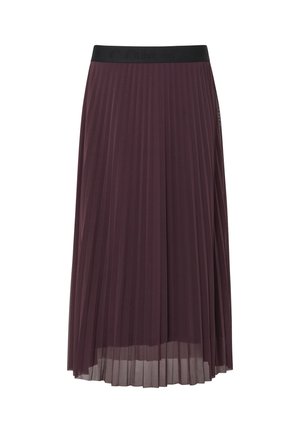 Pflaumenfarbener Faltenrock mit elastischem schwarzen Bund und geprägtem Markenlogo, gefertigt aus leichtem, fließendem Stoff mit durchsichtigem Finish.