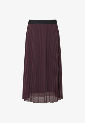 Plum pleated skirt featuring a black elastic waistband with embossed branding, made of lightweight, flowy fabric with a translucent finish.
