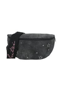 Black textured fanny pack with silver star accents and a zip closure. Features a black strap with "huitzi" written in pink.