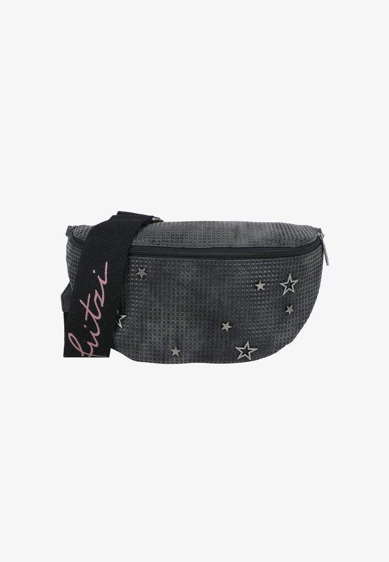 Black textured fanny pack with silver star accents and a zip closure. Features a black strap with "huitzi" written in pink.