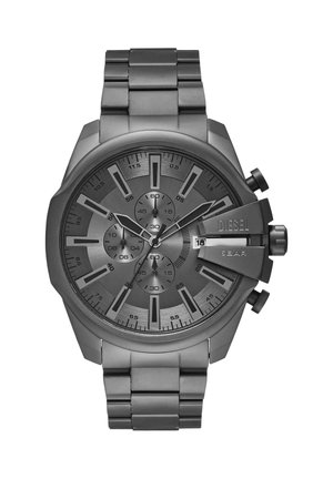 Męski zegarek Diesel chronograf, metaliczny szary z trzema tarczami pomocniczymi, wyświetlaczem daty o godzinie 3 oraz metalową bransoletą.
