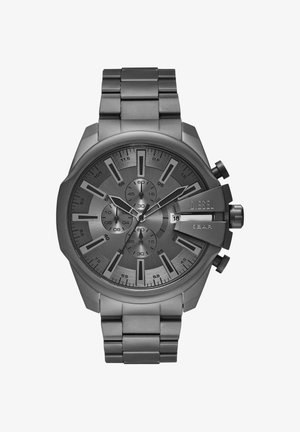 Herren Diesel Chronograph Armbanduhr, metallic grau mit drei Hilfszifferblättern, Datumsanzeige bei 3 Uhr und Metallgliederarmband.