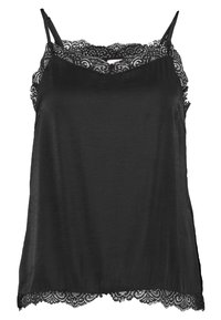 Camiseta de seda negra con tirantes de espagueti ajustables, un bordado de encaje en el escote y un dobladillo de encaje con forma de ondas en la parte inferior.