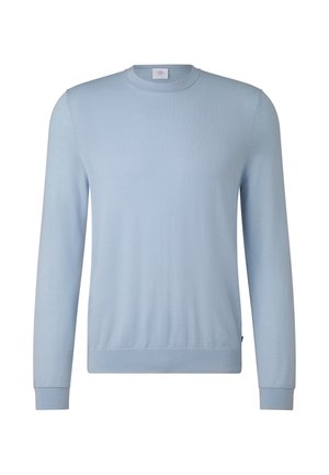 Hellblauer Pullover aus weichem Strickstoff mit Rundhalsausschnitt, langen Ärmeln sowie gerippten Bündchen an Ärmeln und Saum. Ohne Muster oder Verzierungen.