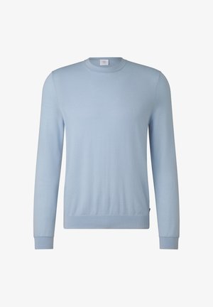 Světlomodrý pulovr z měkké pletené látky, s kulatým výstřihem, dlouhými rukávy a žebrovanými manžetami a lemem. Bez vzoru a ozdob.