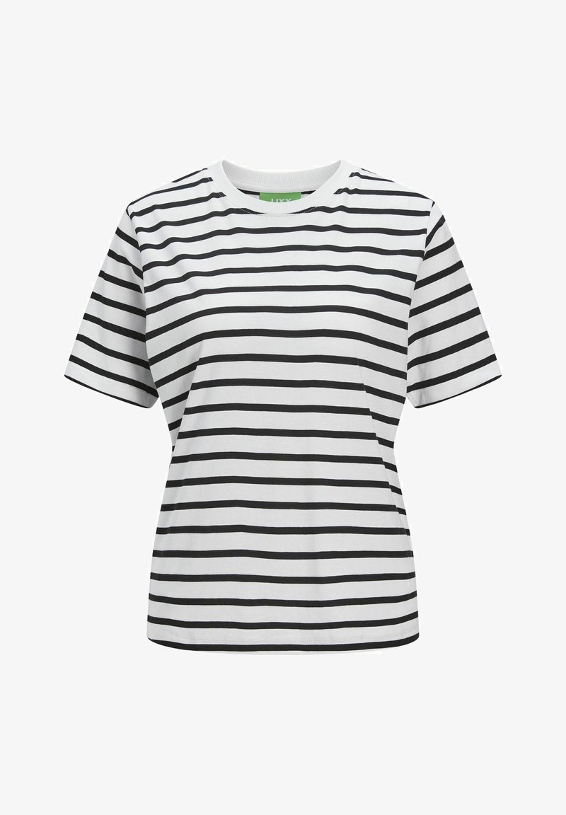 Camiseta branca com riscas horizontais pretas, decote redondo, mangas curtas e um corte descontraído. Tecido de algodão suave.