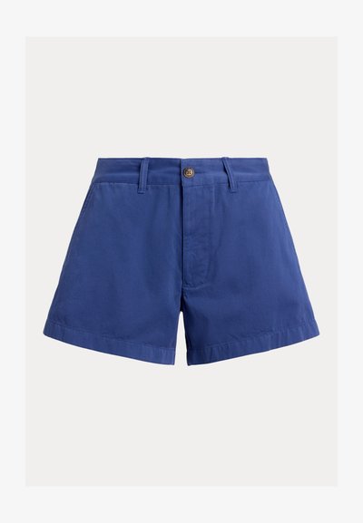 Μπλε βαμβακερά σορτς ψηλόμεσα με κουμπί στο μπροστινό μέρος, θηλιές για ζώνη και πλαϊνές τσέπες, σε απλό φόντο.