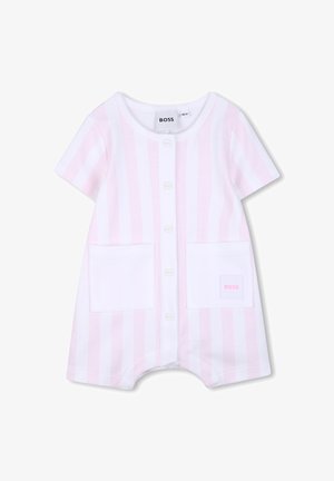 Body pour bébé à manches courtes avec des rayures verticales roses et blanches, des boutons sur le devant et deux poches avant, dont une avec un patch logo BOSS.