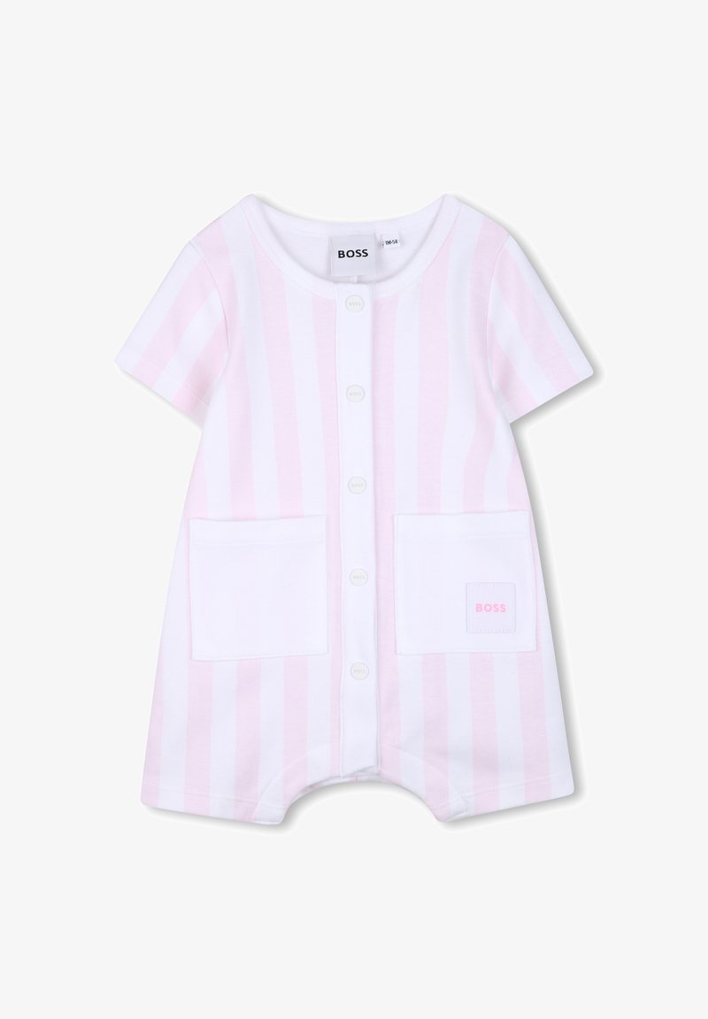 Body pour bébé à manches courtes avec des rayures verticales roses et blanches, des boutons sur le devant et deux poches avant, dont une avec un patch logo BOSS.