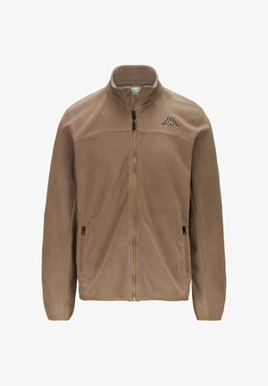 Giacca in pile color crema con zip frontale, colletto alto, due tasche laterali e logo nero sul petto. Texture morbida e design leggero.