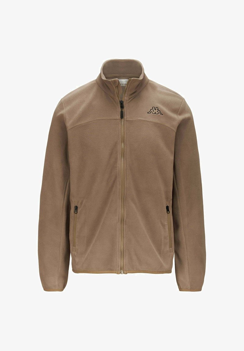Giacca in pile color crema con zip frontale, colletto alto, due tasche laterali e logo nero sul petto. Texture morbida e design leggero.