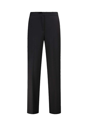 Pantaloni neri con taglio dritto, realizzati in tessuto liscio. Presentano una vita e nessuna tasca visibile. Design semplice e minimale.