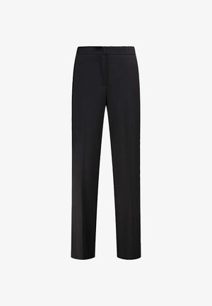 Pantaloni neri con taglio dritto, realizzati in tessuto liscio. Presentano una vita e nessuna tasca visibile. Design semplice e minimale.