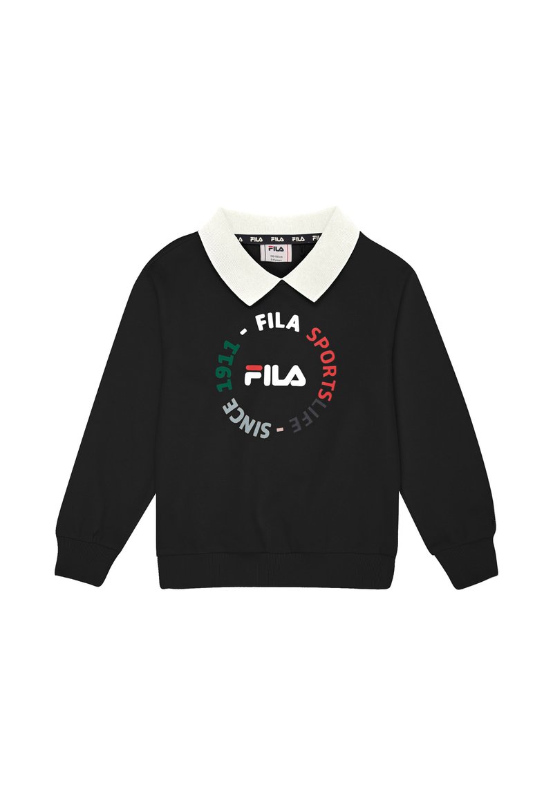 Felpa nera con colletto bianco, caratterizzata da un logo circolare nei colori verde, rosso e bianco. Maniche con polsini e vestibilità rilassata.