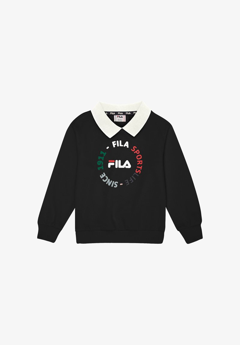 Felpa nera con colletto bianco, caratterizzata da un logo circolare nei colori verde, rosso e bianco. Maniche con polsini e vestibilità rilassata.