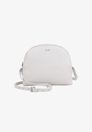 Small white leather crossbody bag with a curved top zipper, adjustable strap, and a subtle embossed logo on the front.