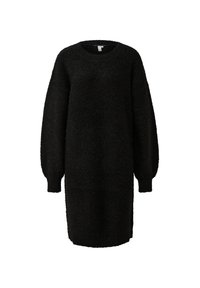 Zwarte, textuur gebreide lange mouw jurk met ronde hals en ribgebreide cuffs, gepresenteerd op een witte achtergrond.