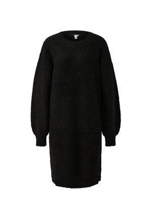 Zwarte, textuur gebreide lange mouw jurk met ronde hals en ribgebreide cuffs, gepresenteerd op een witte achtergrond.