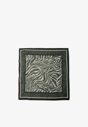 Foulard quadrato di seta con centro a stampa zebrata bianco e nero e bordo scuro con un delicato motivo a foglie.