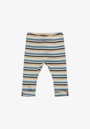 Pantalones a rayas en azul, beige y azul marino, con textura acanalada, cintura elástica y detalles de botones en los puños.