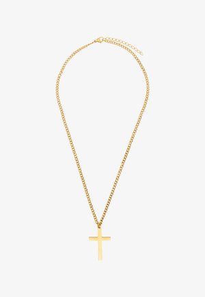 Collana in tono oro con un pendente a croce piatta, caratterizzata da una superficie liscia e un design della catena resistente. Dettaglio della chiusura visibile sul retro.