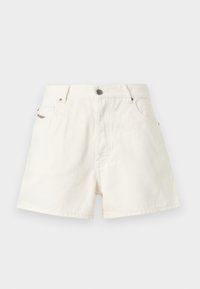 Μπεζ τζιν σορτς με επίπεδη μπροστινή όψη, σχεδιασμό με πέντε τσέπες, μεταλλικό κουμπί στο κλείσιμο και ρεβέρ στο τελείωμα. Το ύφασμα έχει λεία υφή.