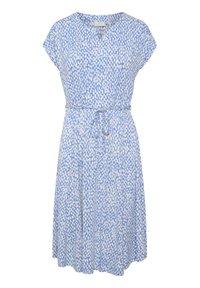 Blaue und weiße gemusterte Bluse mit kurzen Ärmeln, V-Ausschnitt und Gummizug in der Taille. Hergestellt aus leichtem Stoff, mit einer lässigen Passform.