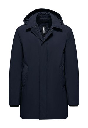 Marineblauwe waterdichte parka met een capuchon, voorzien van een rits- en drukknoopsluiting, twee voorzakken en een gewatteerde binnenvoering.