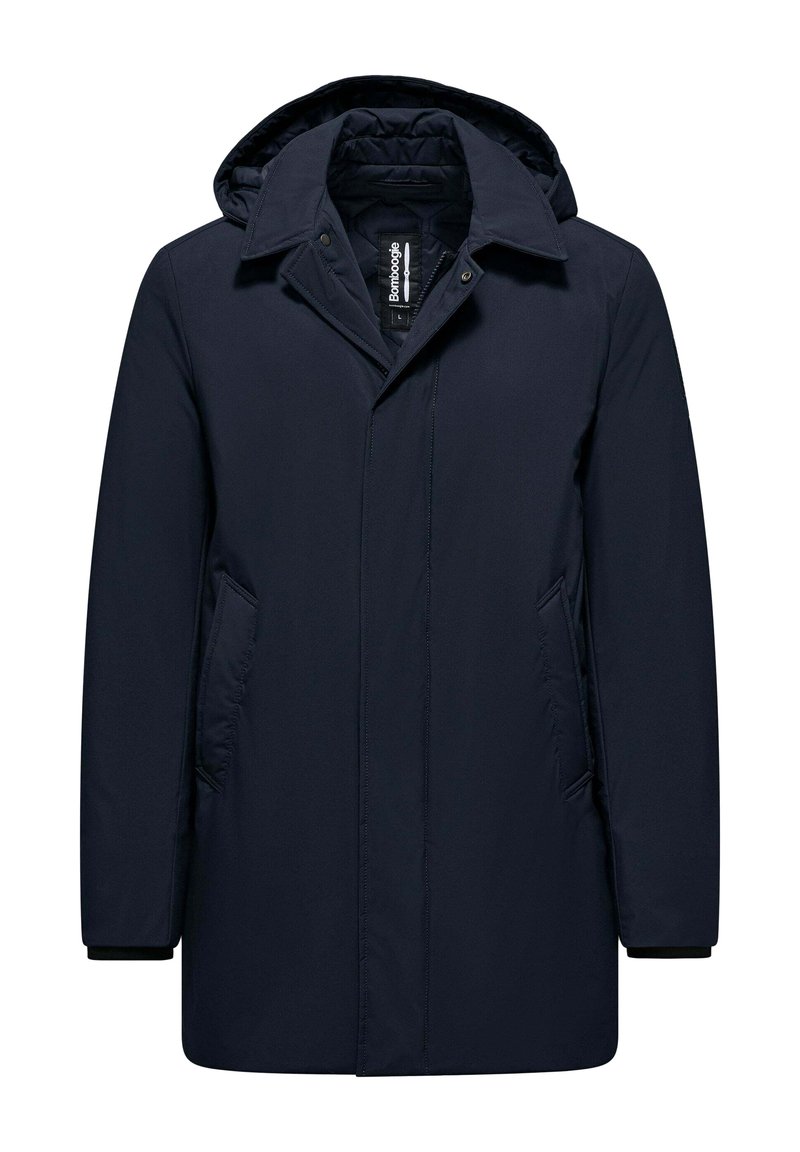Parka impermeabile blu navy con cappuccio, dotata di chiusura con zip e bottoni a pressione, due tasche frontali e fodera interna trapuntata.