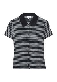 Chemise à manches courtes boutonnée avec des rayures horizontales noires et grises et un col noir uni, étalée à plat sur un fond blanc.