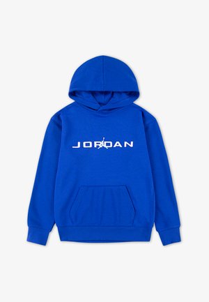 Felpa blu realizzata in tessuto misto cotone, dotata di tasca a marsupio, polsini a coste e un logo bianco "JORDAN" con un emblema grafico.