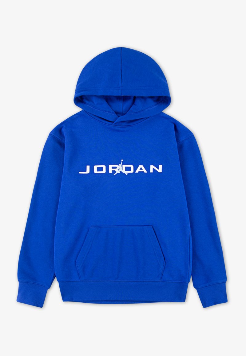 Felpa blu realizzata in tessuto misto cotone, dotata di tasca a marsupio, polsini a coste e un logo bianco "JORDAN" con un emblema grafico.