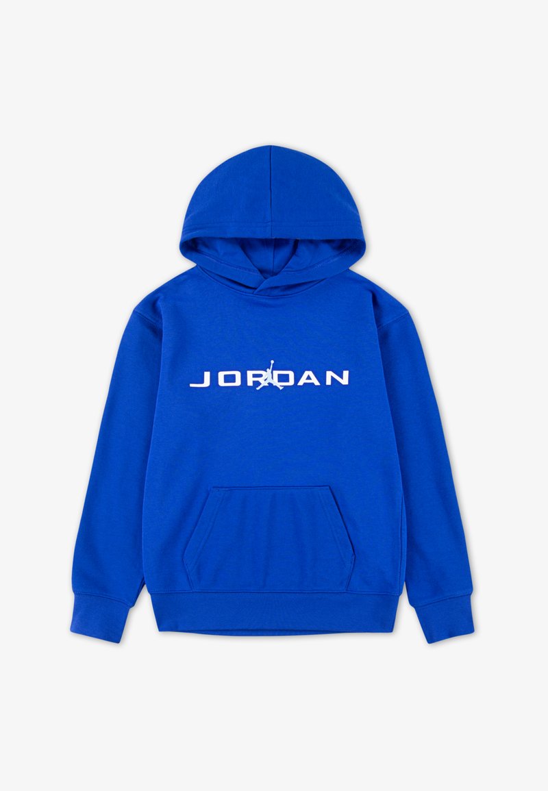 Blauwe hoodie van een katoenmix, met een buidelzak, ribbelboorden en een wit "JORDAN" logo met een grafisch embleem.