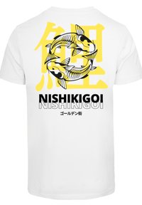 White t-shirt featuring a graphic design of two koi fish in black and yellow, with the text "NISHIKIGOI" and Japanese characters below.